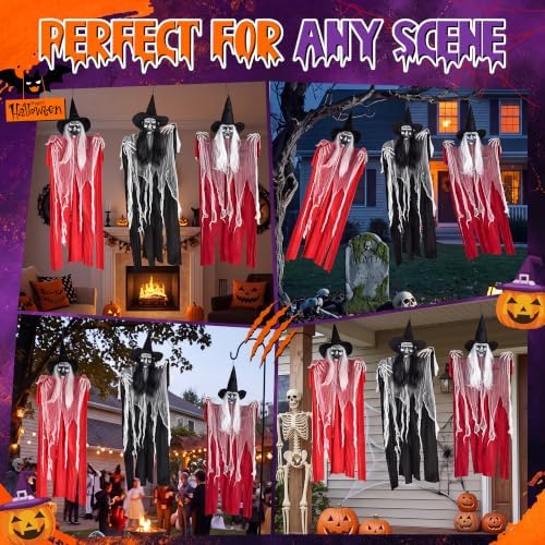 3 Pack 4 Foot Hanging Witch Halloween Decorations, Large Scary Witches with Witch Hats, Long Hair, Skeleton Hands & Tattered Robes, Hanging Halloween Decor for Indoor Outdoor Yard Porch Haunted House