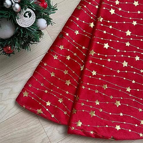 Christmas Tree Skirt Velvet Red 30 inch Large Soft Christmas Tree Mat with Gold Star Pattern for Indoor Outdoor Xmas Holiday Party Decoration
