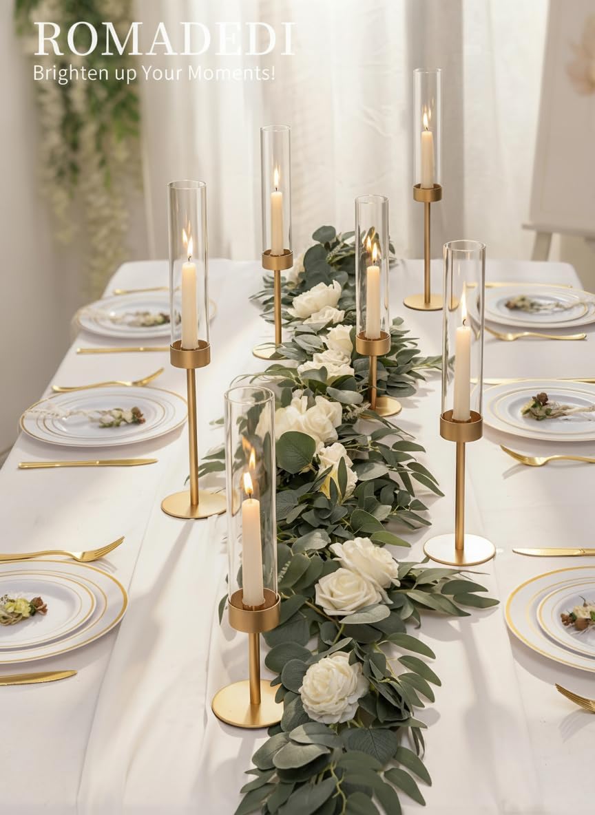 Romadedi Glass Hurricane Candle Holders for Candlestick, Gold, Set of 18 | Removable Borosilicate Clear Glass Cylinder