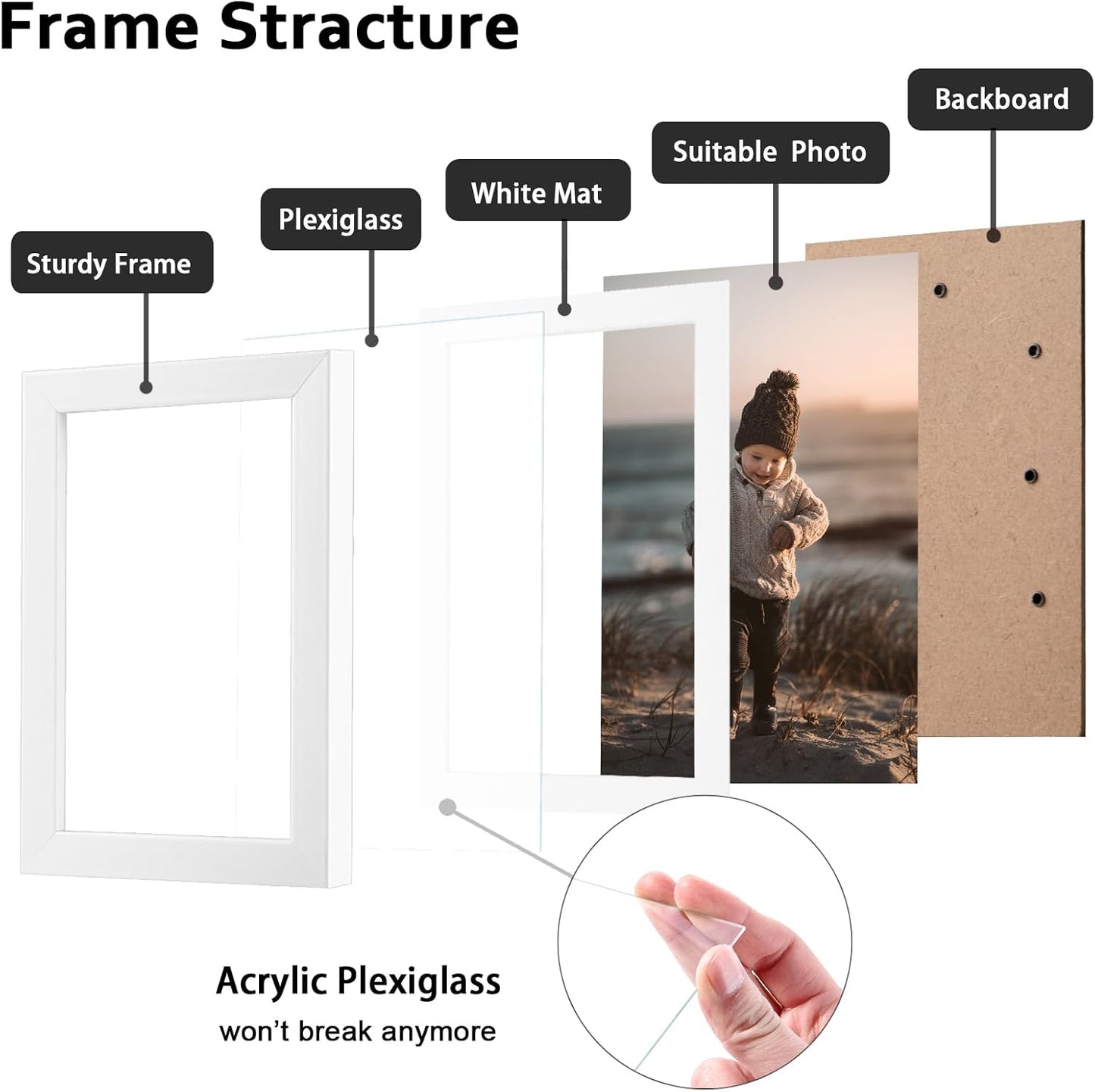 Wooden Photo Frames Matted / White / 5 x 7 / Set of 4