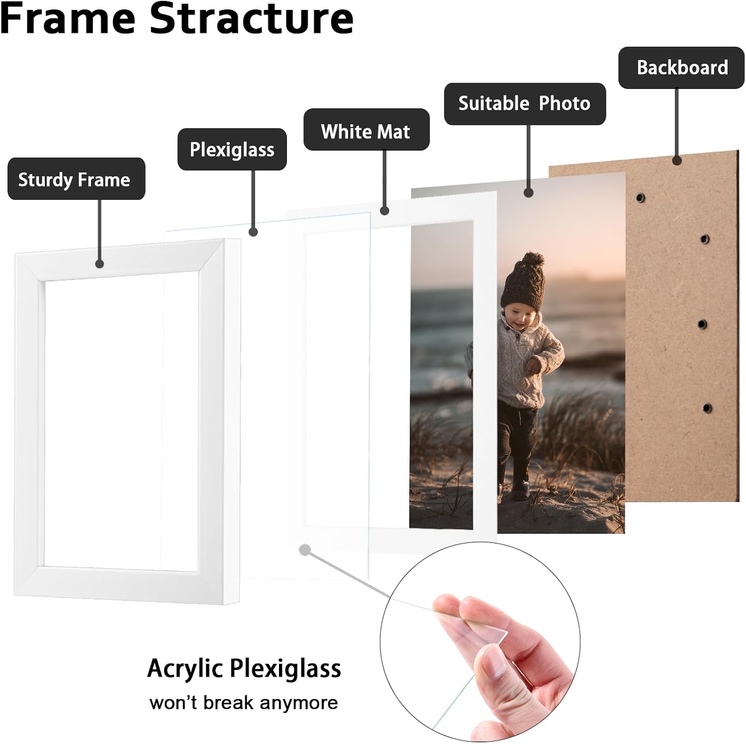 Wooden Photo Frames Matted / White / 5 x 7 / Set of 4