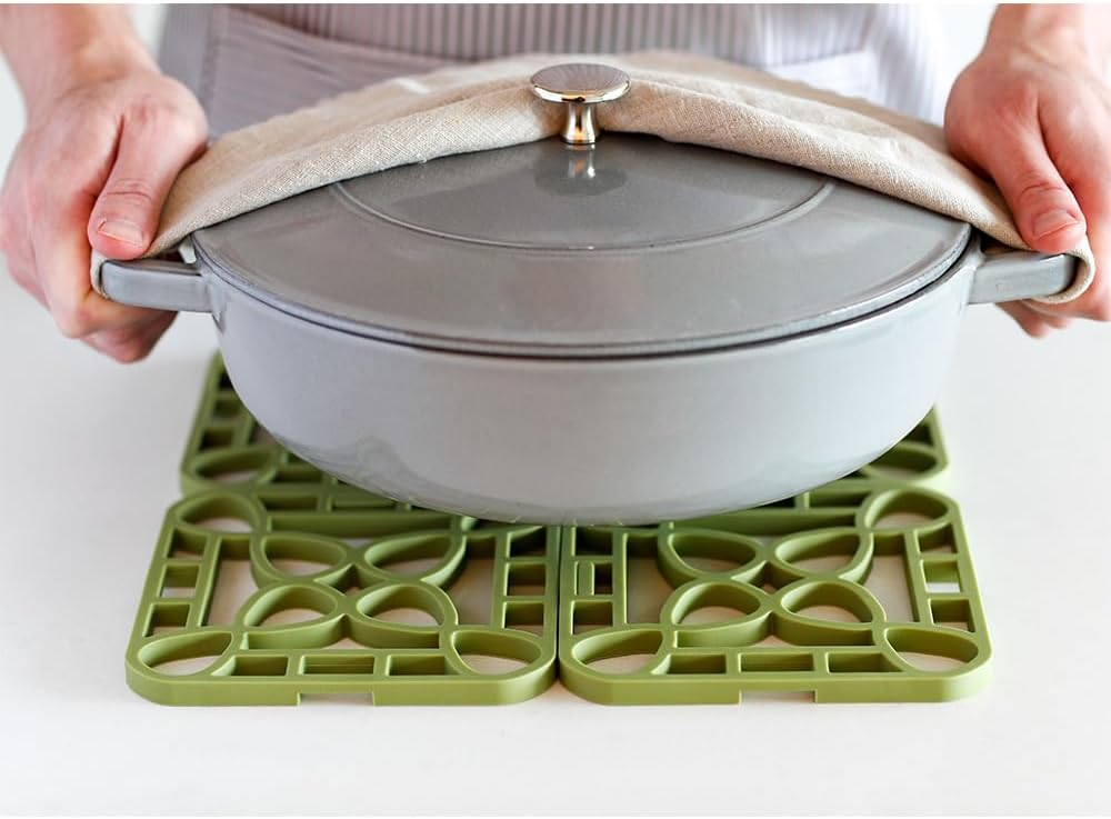 4-Pack Trivets for Hot Dishes - Green Interlocking Hot Pads for Kitchen, Coffee Bar Essentials, Silicone Mats for