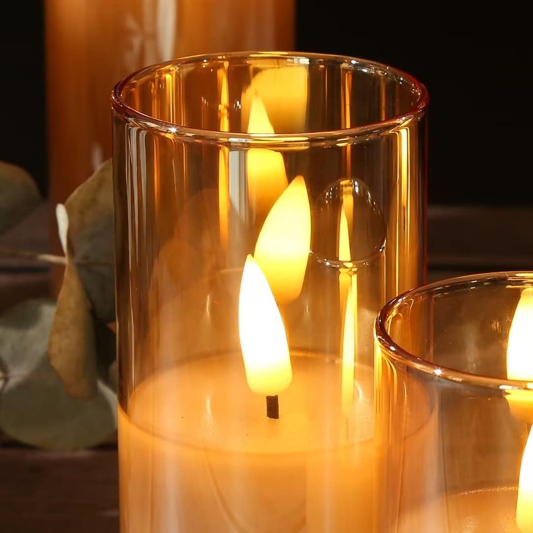 Amber Gold Glass Flameless Pillar Candles with Remote Set of 5 | Flickering Fall LED Candles, Batteries Included