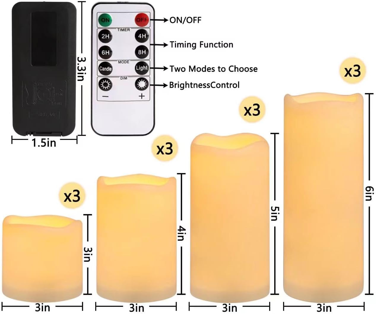 Flameless Battery Operated Outdoor Waterproof Set of 12(D: 3" x H: 3" 4" 5" 6") Pillar LED Candles with 10-Key Remote