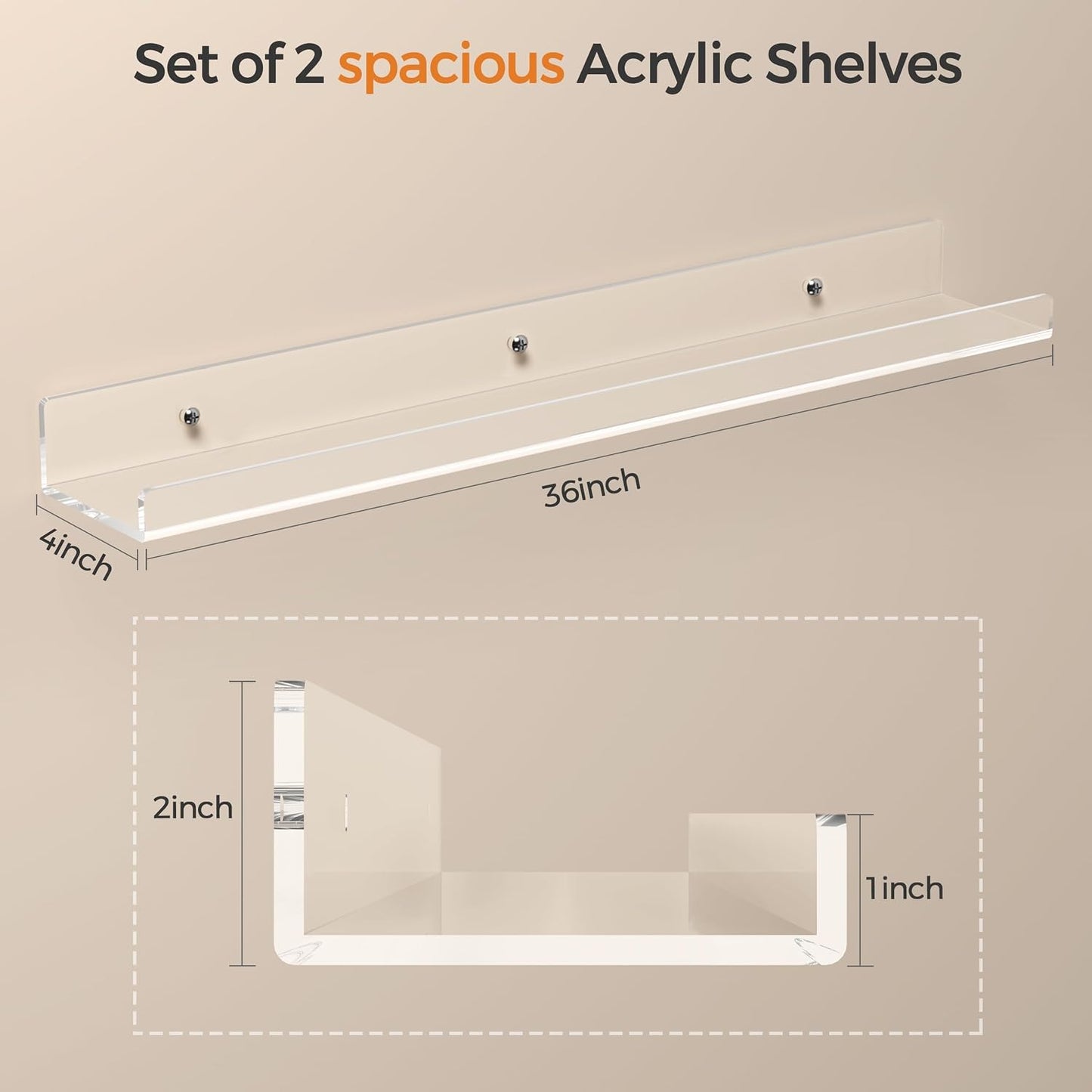 36 Inches Clear Acrylic Floating Shelves Wall, Bookshelf for Kids, Nursery Book Shelves, Magazine Rack, Picture Ledge