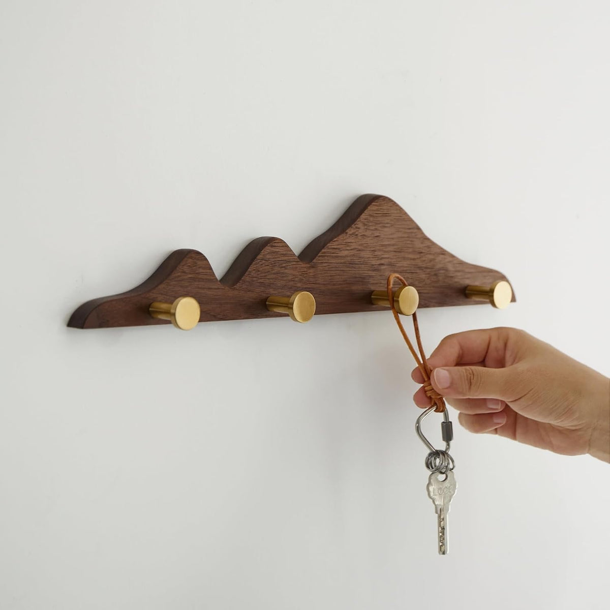 Wall Coat Rack, Walnut Wood, 4 Hooks | Elegant, Solid Coat Hanger Wall Mount, 4 Brass Hooks, Moisture-Resistant Wax Oil