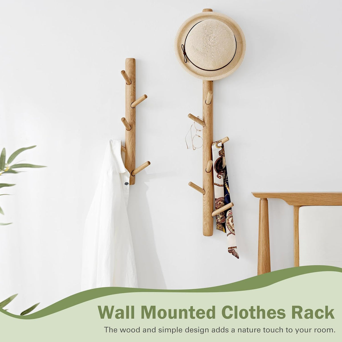 Vertical Coat Rack Wall Mounted - Height 36 Inches, Oak Wood Vertical Hat Rack for Wall with 9 Hooks, Modern Coat Rack
