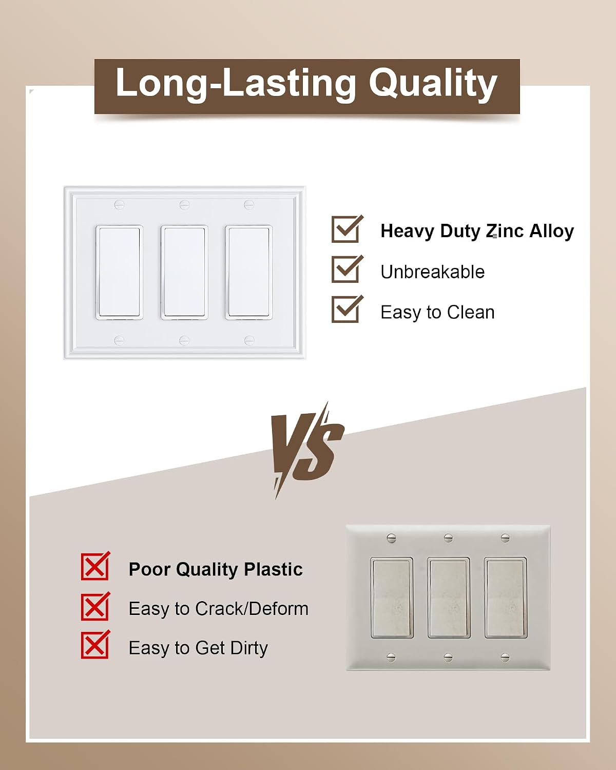 2-Pack Zinc Alloy Tripple Decorator Outlet Cover Plate, Solid Switch Cover | Durable Wall Plates for Electrical