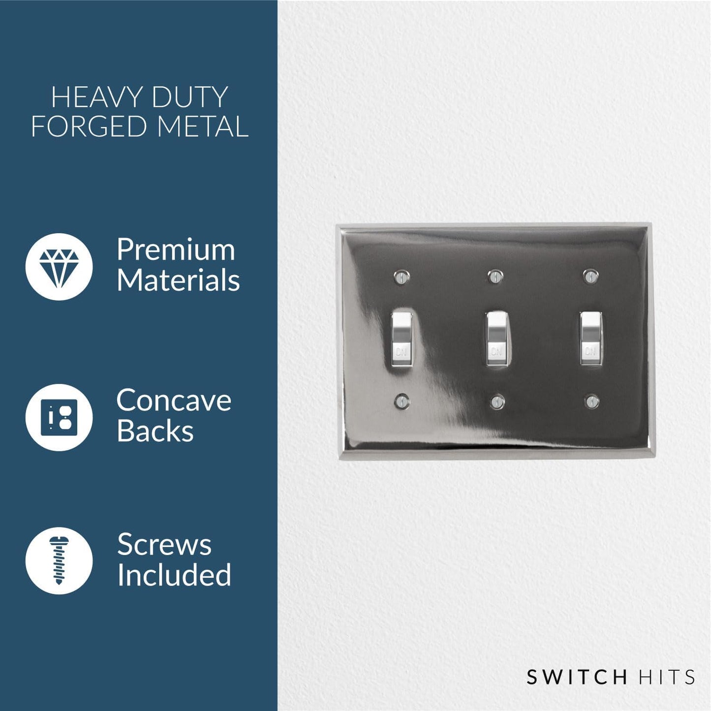 Polished Nickel Outlet Wall Plate | 3 Toggle | 6.25" x 4.5" | Hand-Polished Brass Construction | Electrical Switch