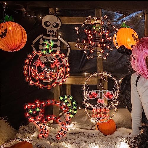 LAMPHOME Halloween Decorations - Window Silhouette Holiday Displays, Lighted Jack-O-Lantern, Cobweb, Skull, Cat for Party, Home, Indoor, Tabletop Ornaments (4-Pack)