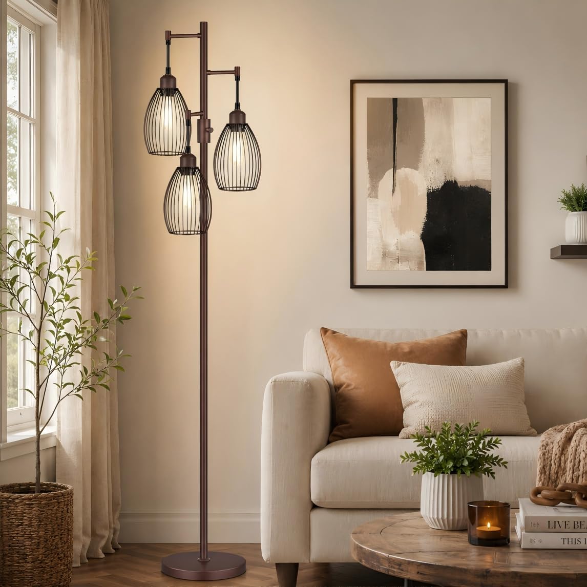 Nintiue Dimmable Floor Lamp,3x800LM LED Bulbs Included, Farmhouse Industrial Floor Lamp Standing Tree Lamp with