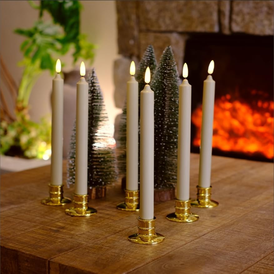 6 Pack Flameless Ivory real Wax Window Candles with 12 AA Batteries(Include, Run More Than 400 Hours) and Golden