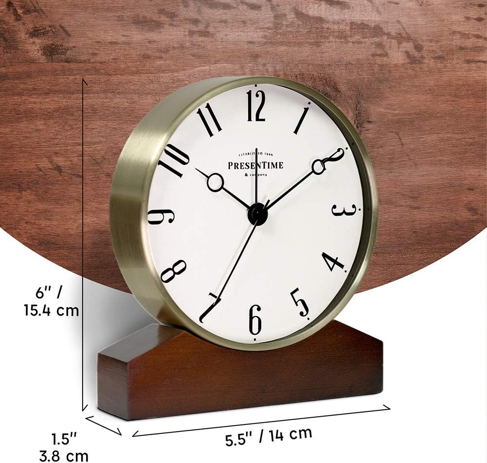 Mozart Mantel Alarm Clock | Desk & Shelf Clock, 6 x 5.5 Inch, Silent Non-Ticking, Wooden Base, Walnut Finish, Gold