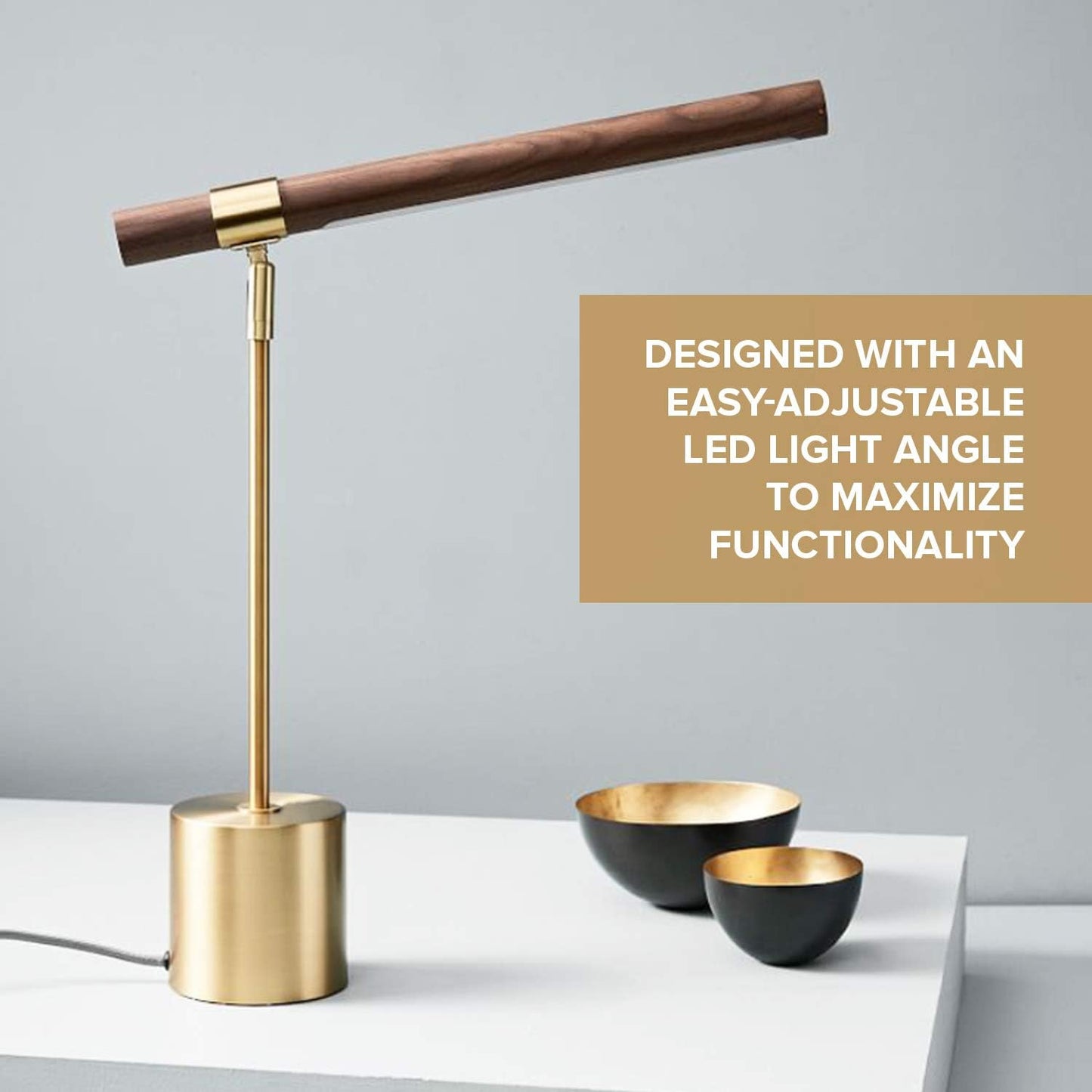 Modern Banker Slim Table Lamp - LED Desk Light - Wood Brass Lamp - Adjustable Table Lamp - Mid Century Desk Lamp for