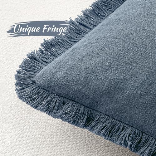 MIULEE Linen Fringe Decorative Lumbar Throw Pillow Covers Blue Ashes 12x20