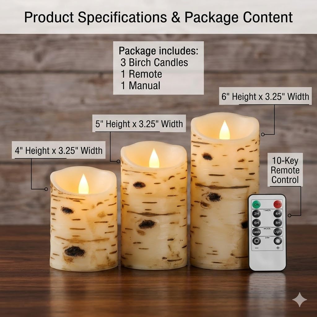 Comenzar Flameless Candles Birch Bark Texture, Flickering Flame Battery Operated LED Candles, Electric Plastic Candles