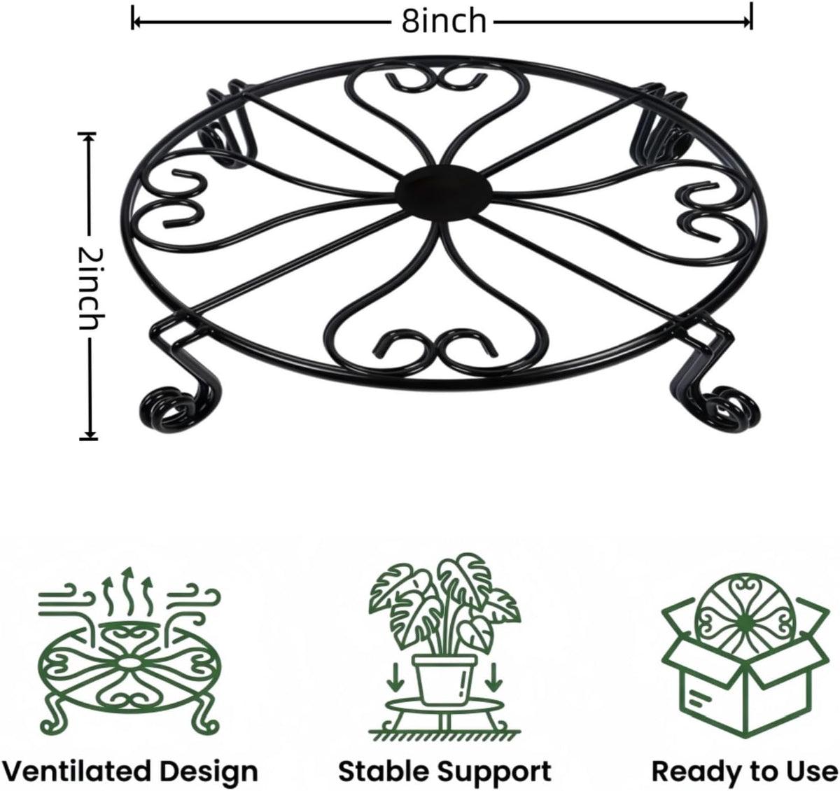 NSYOOMH 2 pack 8" Rustproof Black Metal Plant Stands Heavy Duty Plants Holder Outdoor Indoor, Round Wrought Iron Sturdy