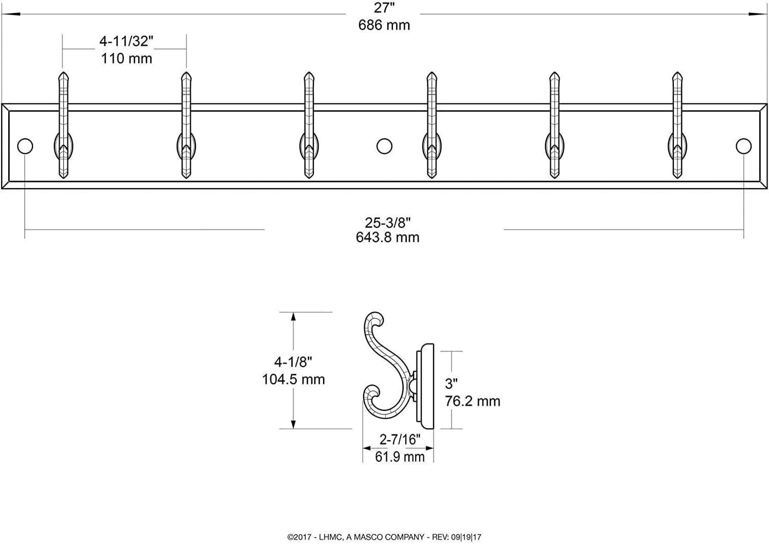 LIBERTY 165541 Wall Mounted Coat Rack with 6 Decorative Hooks, 27 Inch, Soft Iron and Cocoa