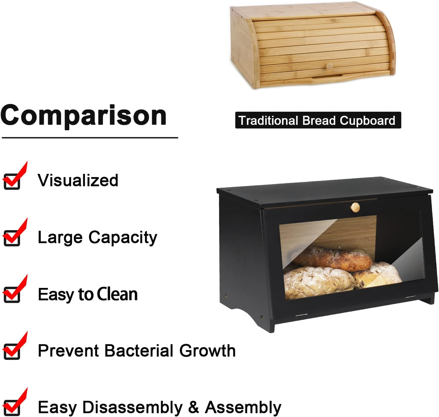 HOMEKOKO Wooden Bread Box for Kitchen Countertop, Single Layer, Black | Bamboo, Large Capacity, Bread Food Storage Bin