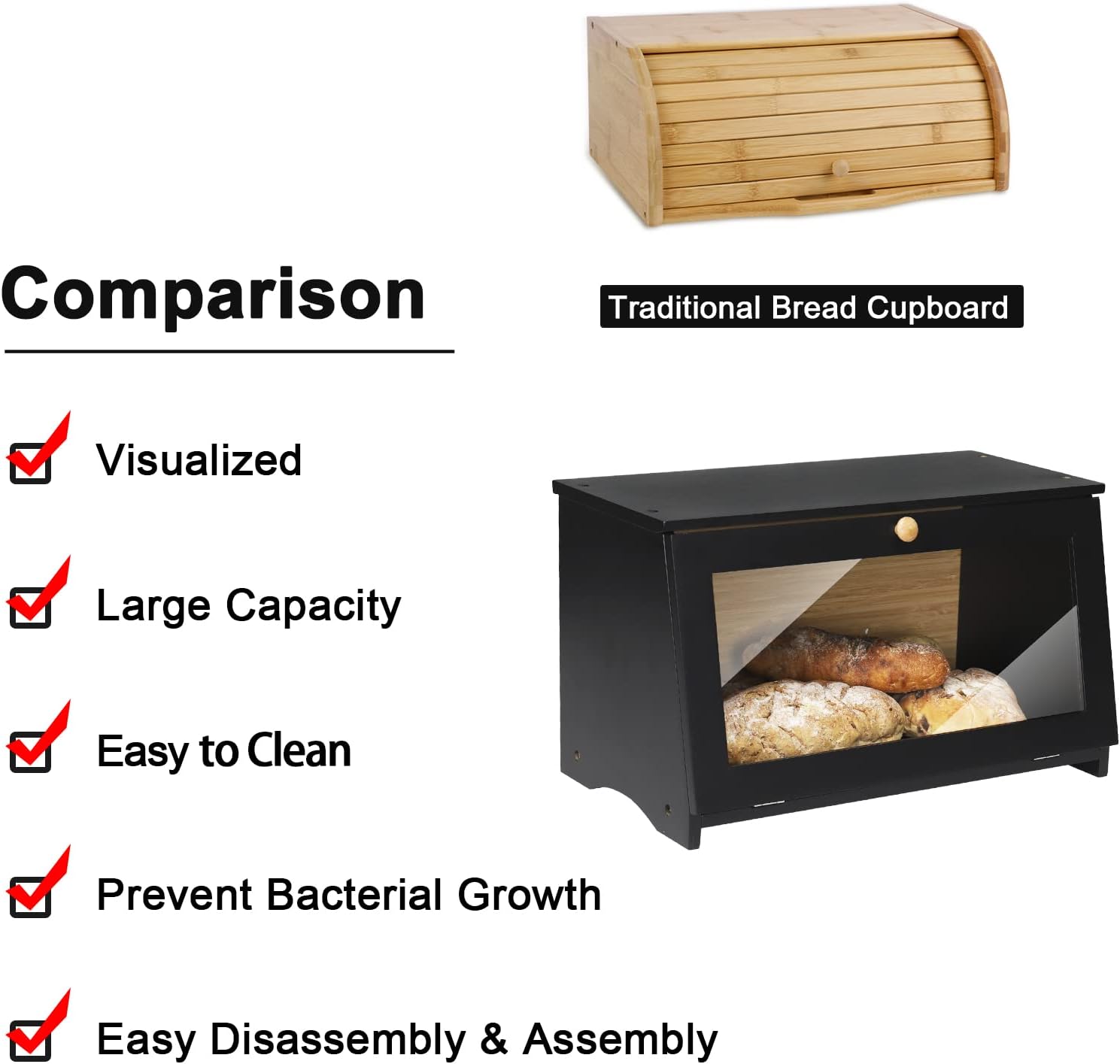 HOMEKOKO Wooden Bread Box for Kitchen Countertop, Single Layer, Black | Bamboo, Large Capacity, Bread Food Storage Bin