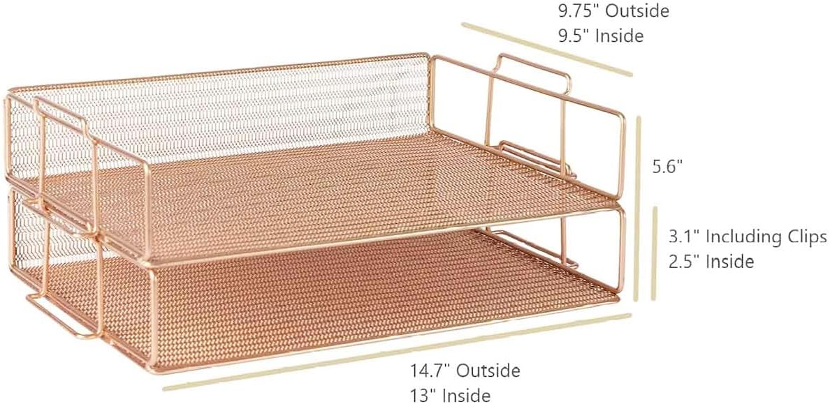 BLU MONACO | Rose Gold Mesh Paper Tray Set of 2 | Stackable Letter Trays for Desk Organization | Durable Metal Document