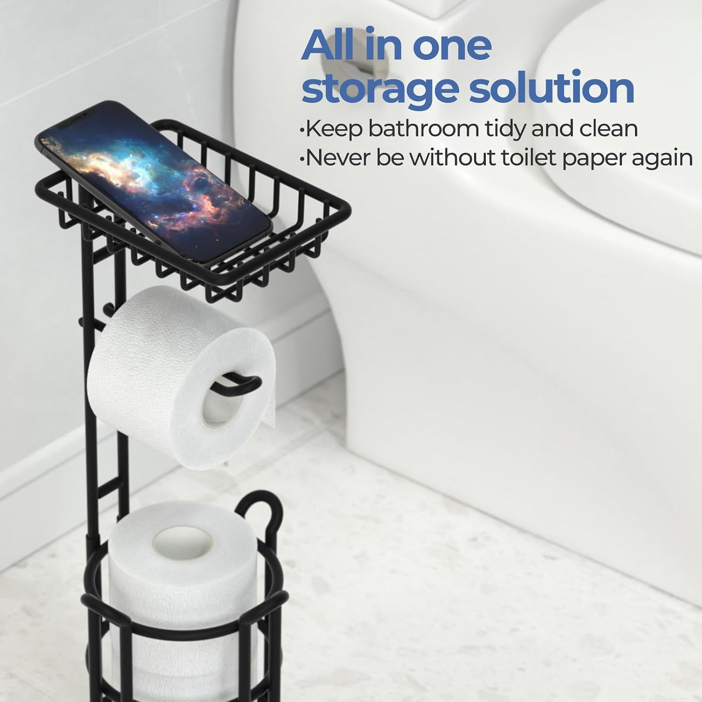 TreeLen Toilet Paper Holder Stand Tissue Paper Roll Dispenser with Shelf for Bathroom Storage Holds Reserve Mega