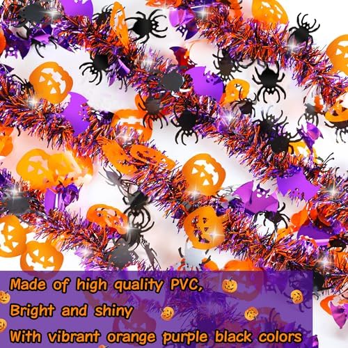 50FT Halloween Tinsel Garland with Orange Pumpkin Black Spider Purple Bat