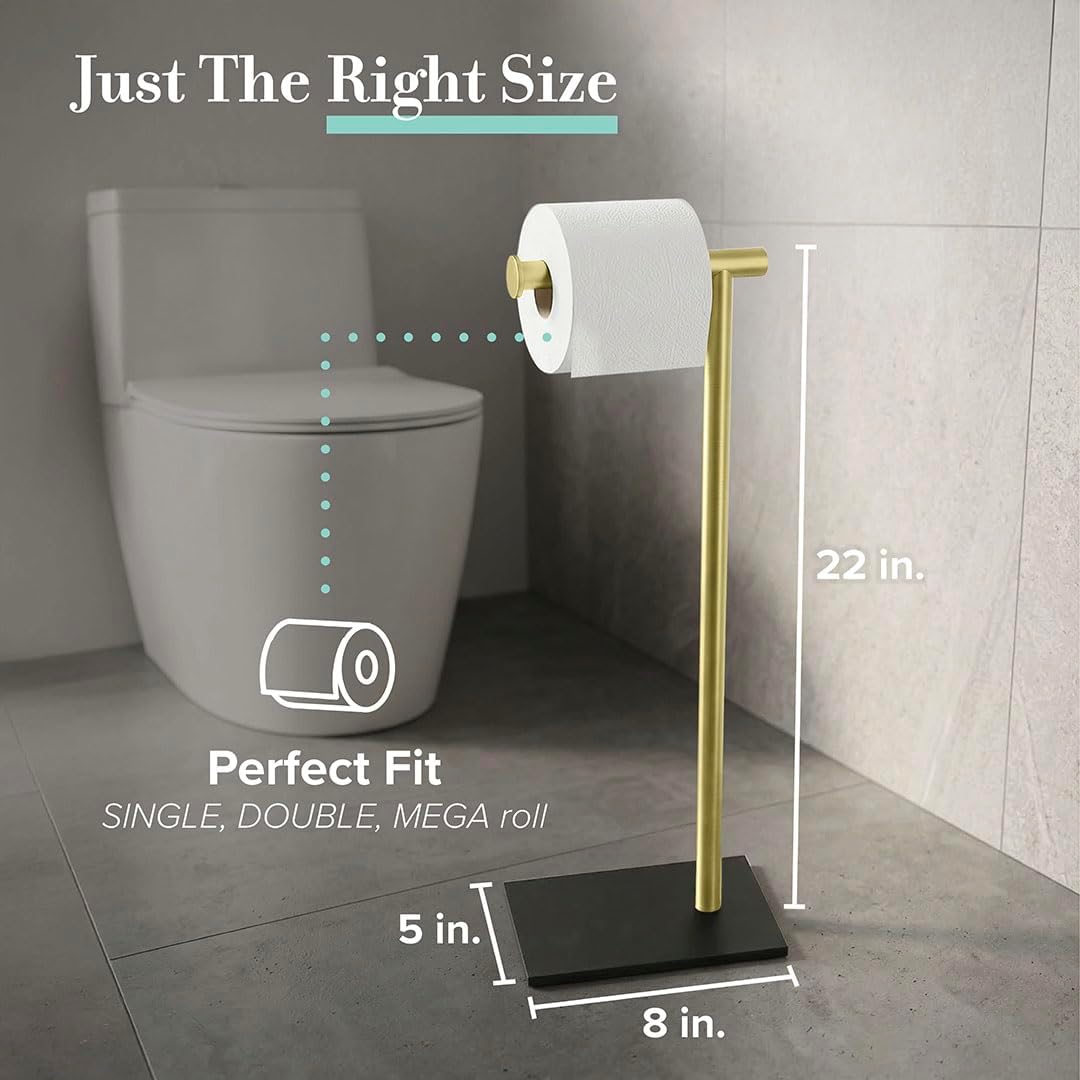 Gatco 1431MXB Modern Rectangle Base Freestanding Toilet Paper Holder, Matte Black/Brushed Brass, Weighted Base, 21.25"