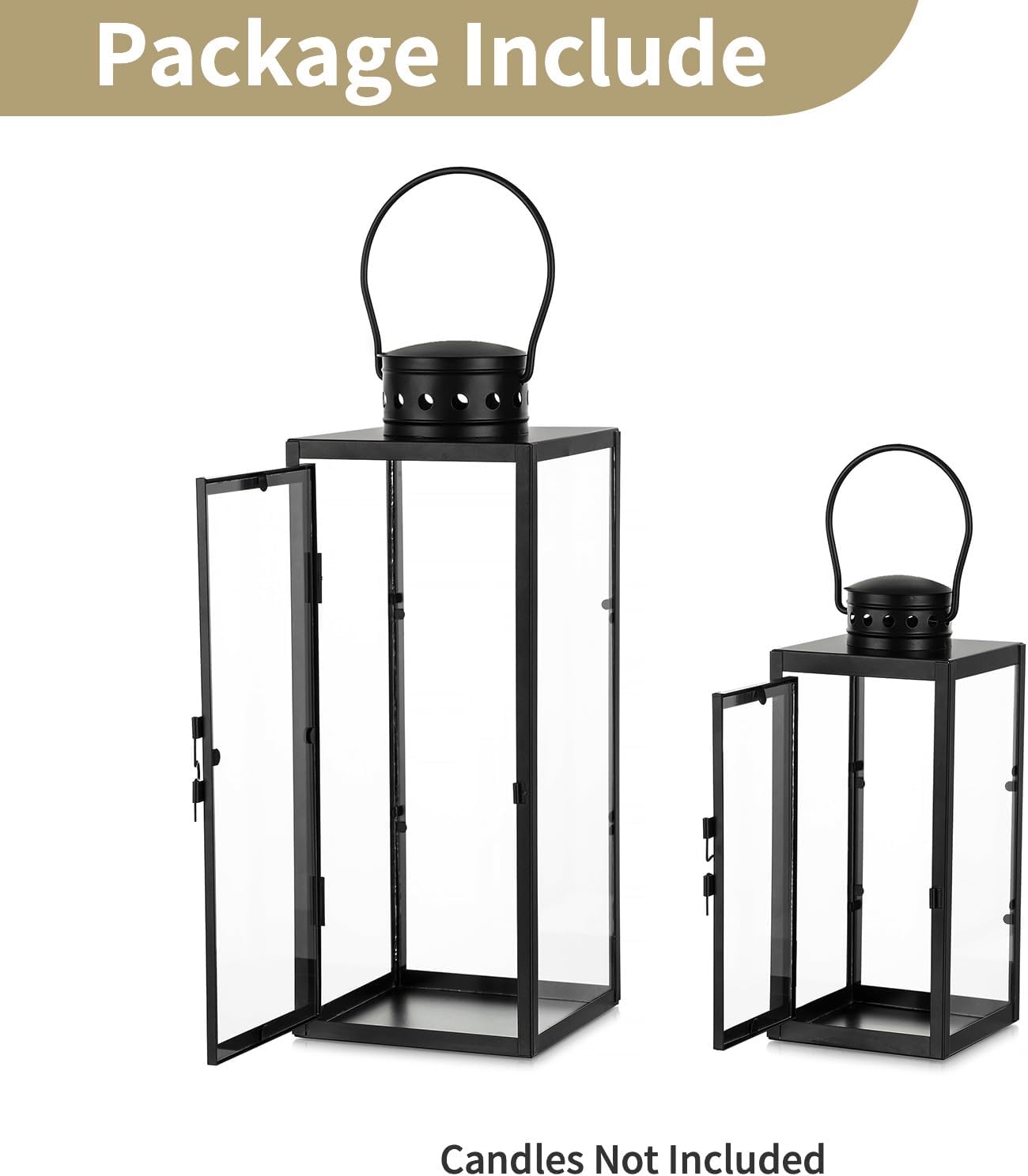 NUPTIO Lanterns Decorative Indoor Black, 9.5 & 13.8 inch Tall Lantern | Set of 2 Hurricane Lantern with Glass Panel