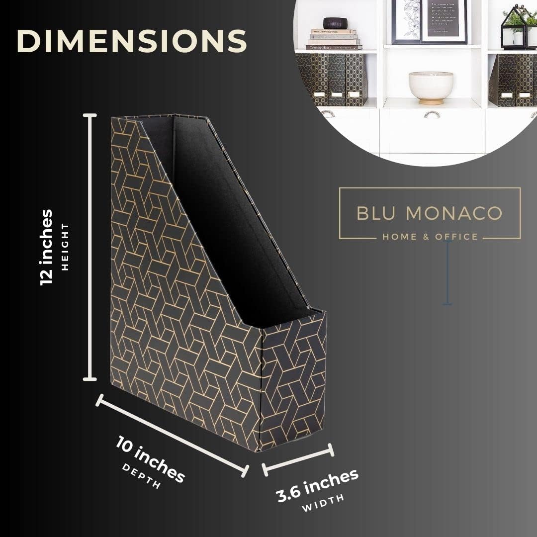 BLU MONACO | Set of 4 Black & Gold Geometric Magazine File Holders with Gold Label Holders | Stylish Vertical File