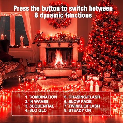 100FT Red Christmas String Lights, Green Wire LED, Plug-in Indoor Outdoor