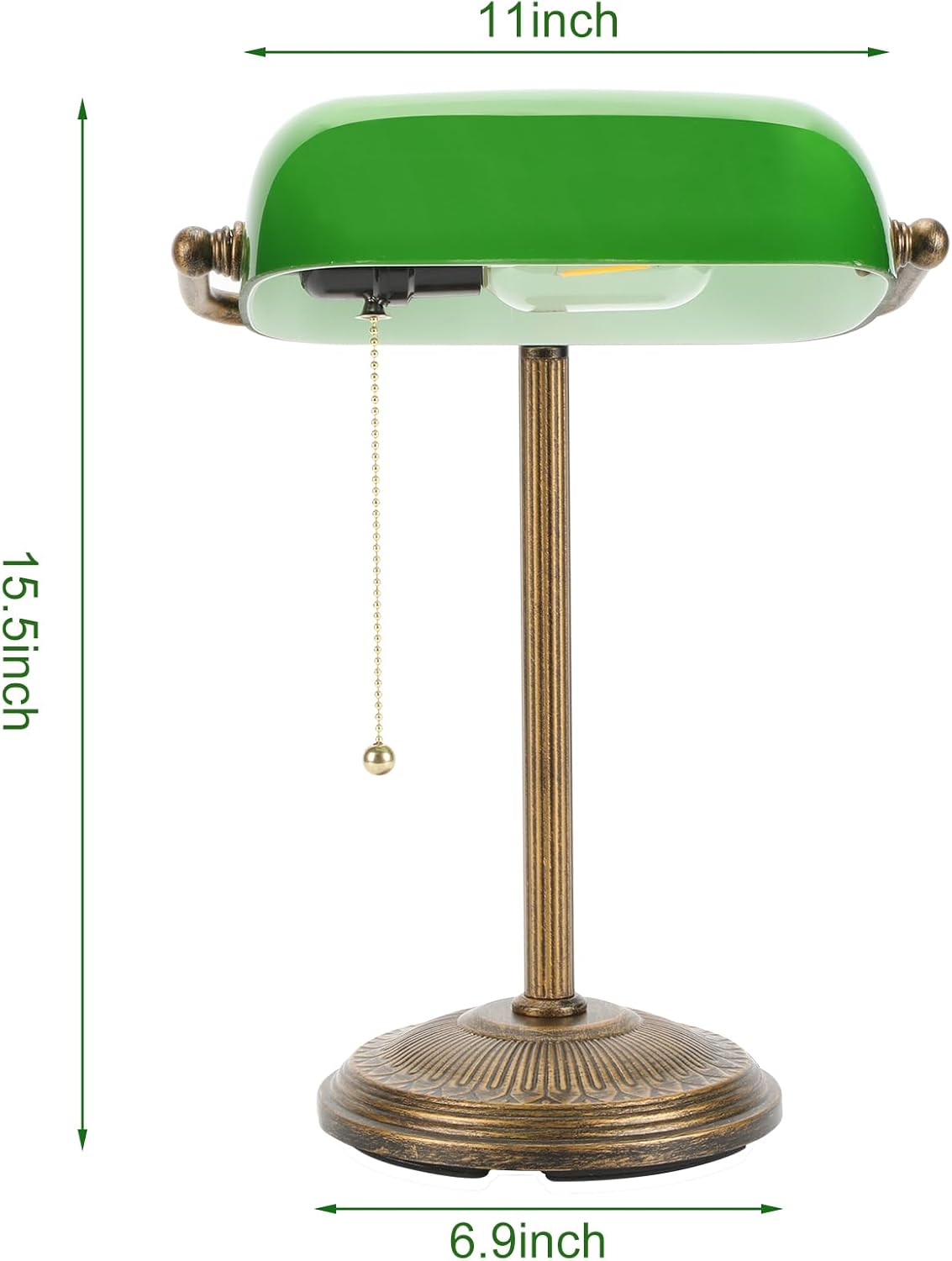 NISSAFORS Bankers Desk Lamp, Green Glass Shade, Vintage Desk Lamp with Pull Chain Switch, Retro Table Lamps for Home