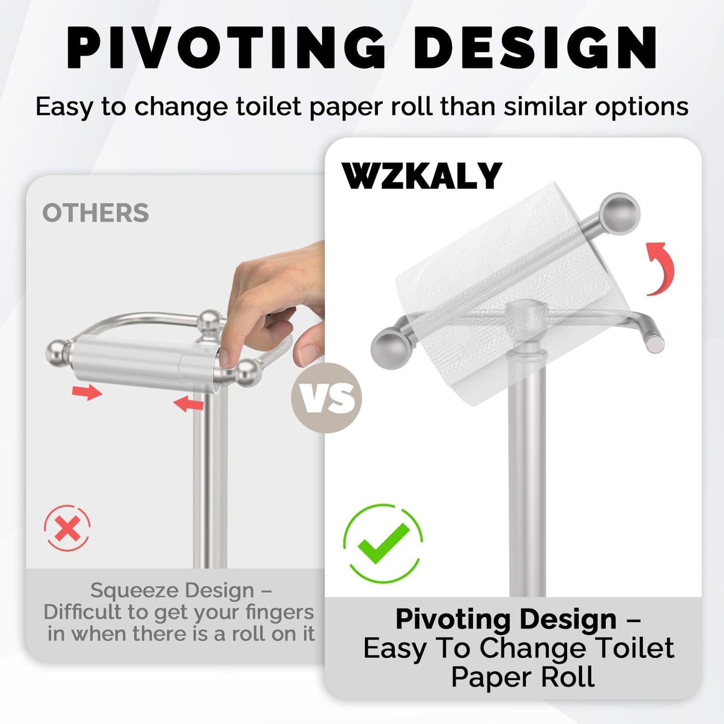 Toilet Paper Holder Stand Stainless Steel & Weight Base, No Tipping | Brushed Nickel, Post Pivoting Design Easy to