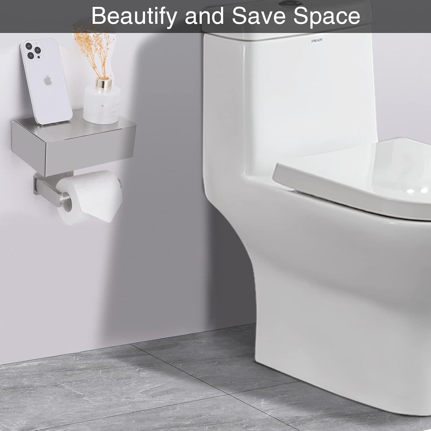 Adhesive Toilet Paper Holder with Shelf and Storage, Wall Mount Toilet Paper Roll Holder & Flushable Wipes Dispenser