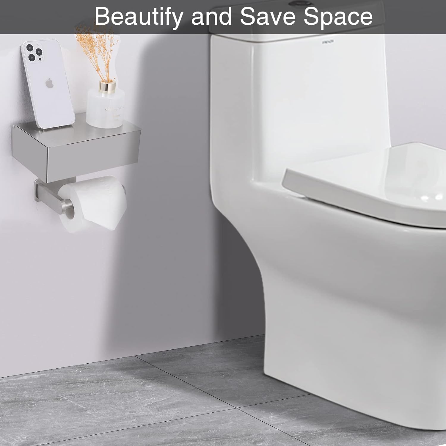 Adhesive Toilet Paper Holder with Shelf and Storage, Wall Mount Toilet Paper Roll Holder & Flushable Wipes Dispenser