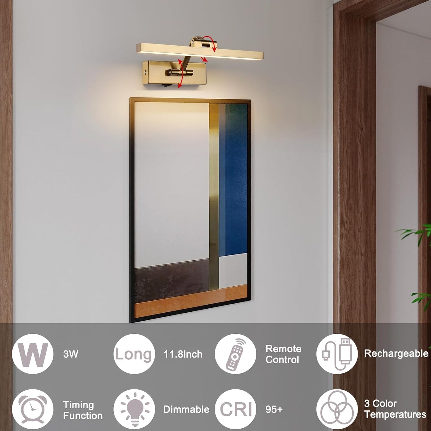 Picture Light with Remote 3 Colors Wireless Art Lights for Paintings,Rotatable Wall Sconce Rechargeable Battery Powered
