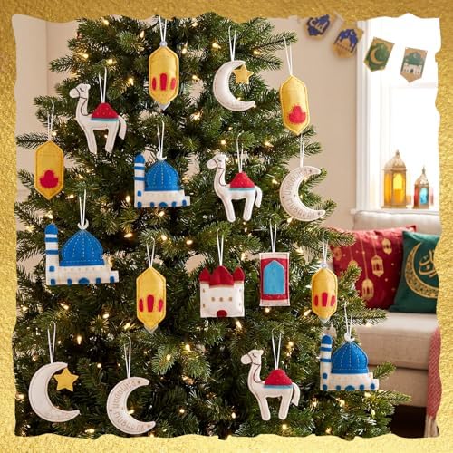 HunnmingRe 16 Pcs Ramadan Tree Ornaments 3D Felt Eid Mubarak Hanging Ornaments Ramadan Islamic Moon Star Castle Lantern Decorations for Holiday Party Door Home Wall Mantel Arts Crafts Gifts