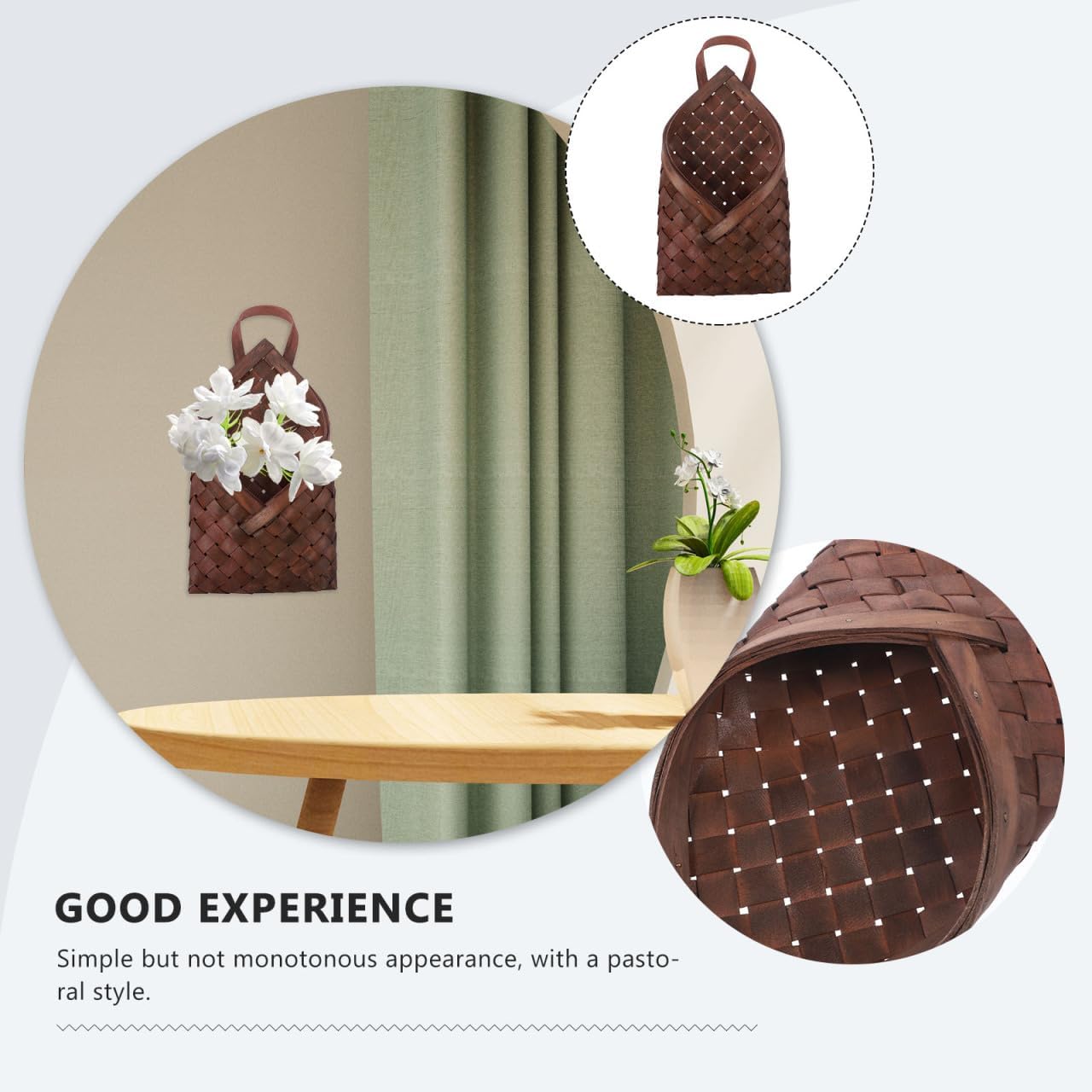 Rustic Wood Woven Hanging Basket In Wall Storage Organizer for Flowers Kitchen / 12.20 x 6.69 x 2.55