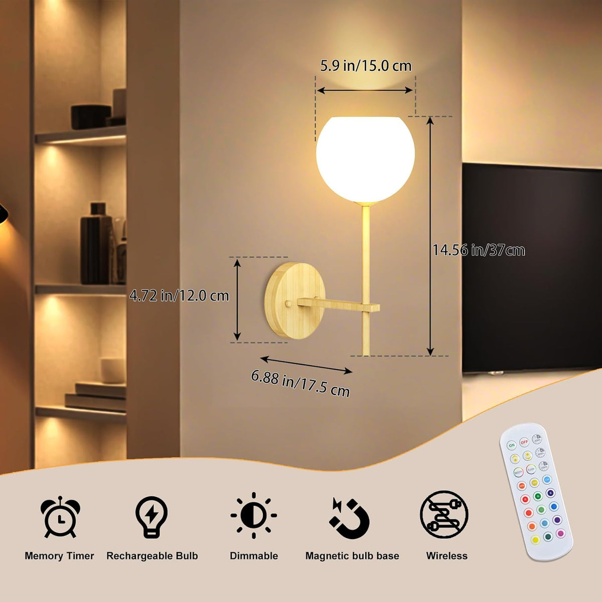 Wood Grain Battery Operated Wall Sconces Set of 2, Rechargeable Wireless Wall Lights with Milky White Frosted Glass, 12