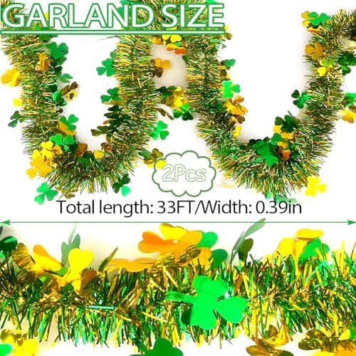 66 Ft St.Patrick's Day Tinsel Garland Decorations Shiny Thick Green Hat and Gold Shamrock Design St Patricks Day Clover Hanging Decor Garland for Irish Holiday Party Parade Floats Ornaments