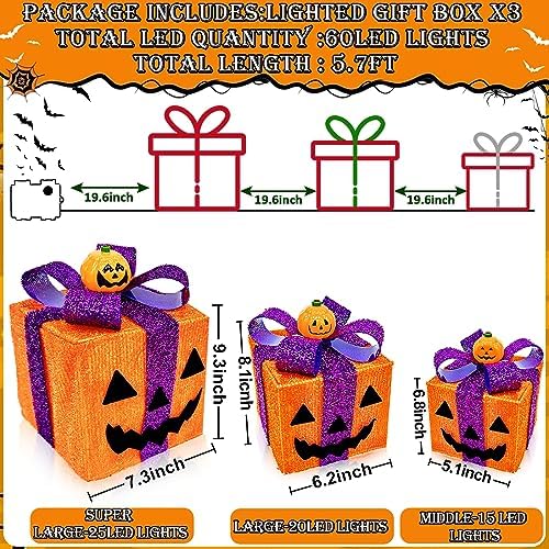 [ 8 Modes & Timer ] 3 Pack Lighted Halloween Pumpkin Decorations Gift Box
