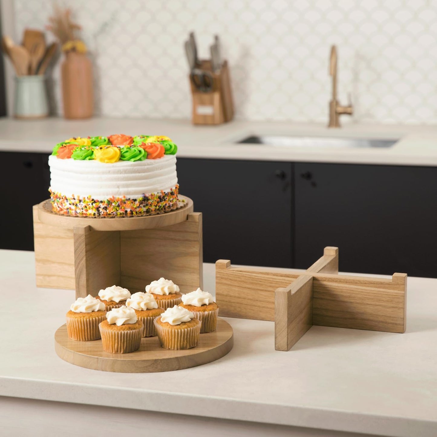 Natural Wood Riser Set of Two - Large 10” Round Wooden Plant Stands Indoor - Wood Pedestal Stands for Plants, Cakes