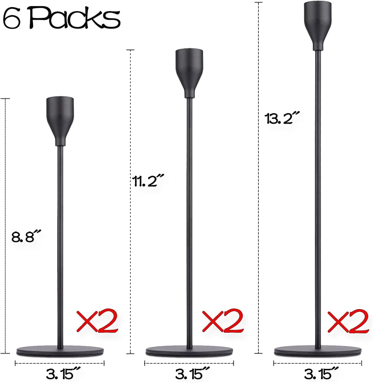 Matte Black Taper Candle Holder Set of 6, Tall Candlestick Holders | Metal Vintage Candle Stickers Long Holder Set