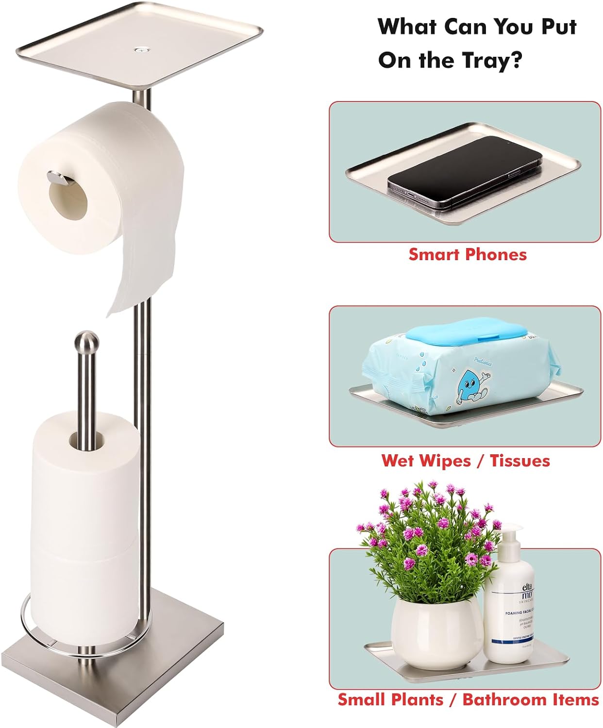 Toilet Paper Holder with Tray At the Top, Heavy-Weighted Stainless Steel Base No Wobbly, Freestanding Toilet Paper