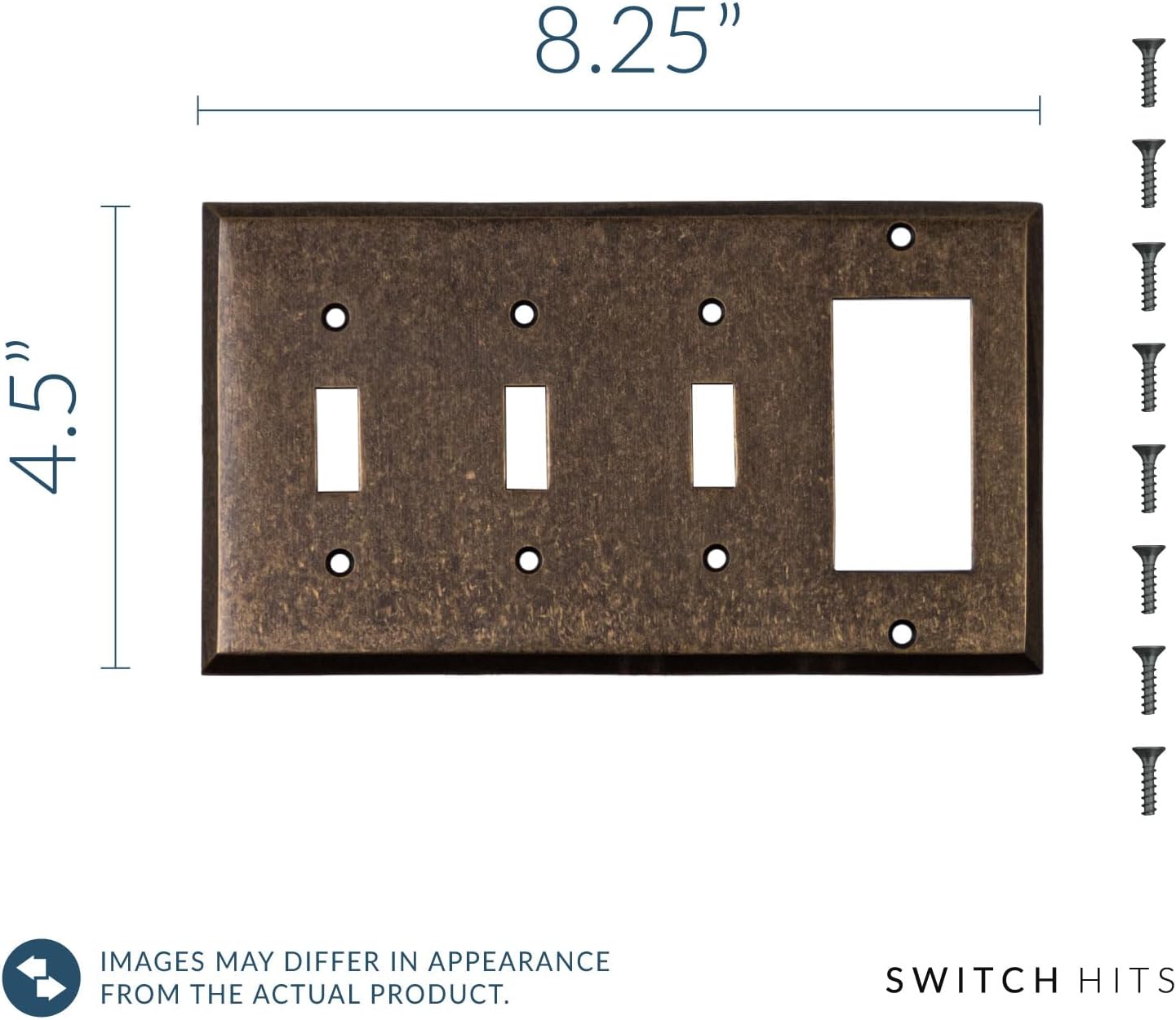 Triple Light Switch Plate Outlet Cover GFCI Wall Plate | 3 Toggle - 1 Rocker Mottled Antique Brass Electrical Faceplate