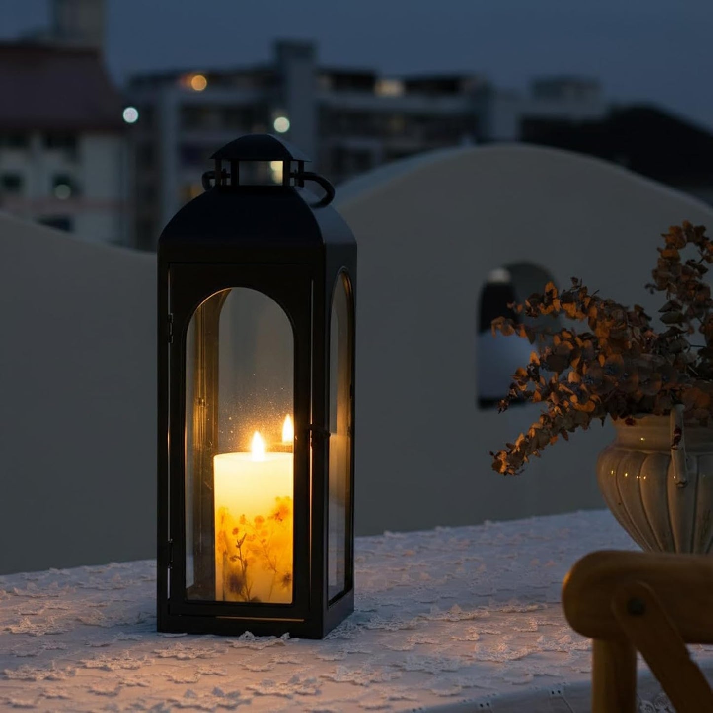 Bdor 16 Inch Outdoor Indoor Lantern Decor Black Metal Candle Lantern 1 Pack | Tempered glass panels, sturdy metal