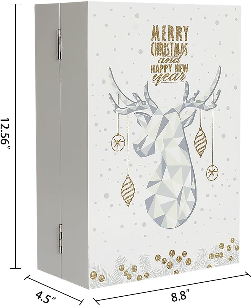 Wooden Christmas Advent Calendar Book with LED-lit Winter Forest Scene - 24 Drawer Countdown with Fine Silver Reindeer