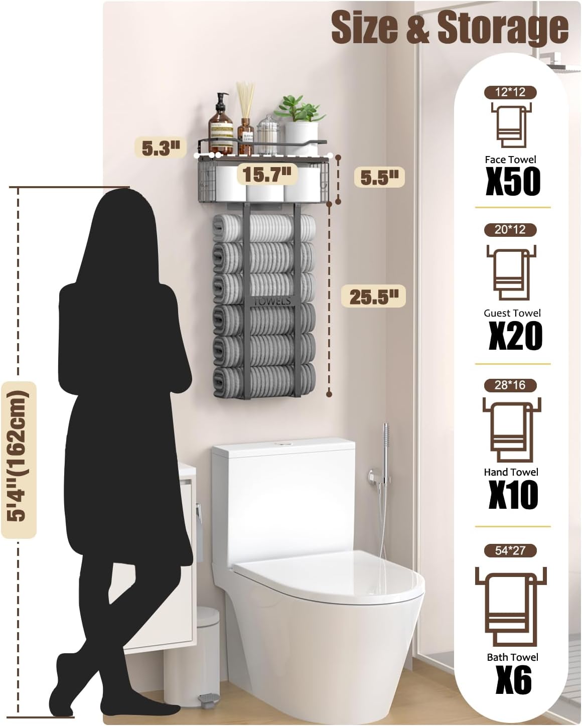 Large Towel Rack & Bathroom Towel Holder - Wall Mounted Metal Rack with Wooden Floating Shelf, Small Bathroom Towel