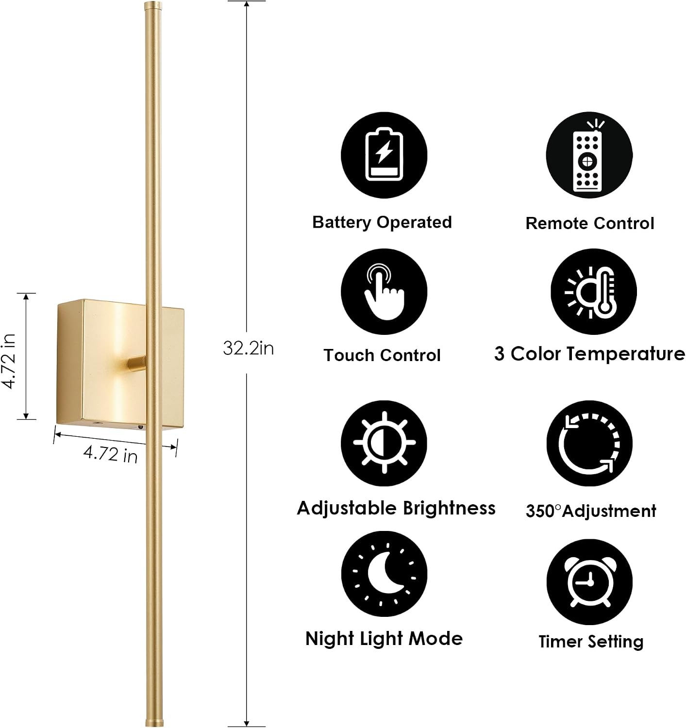 KARTOOSH Battery Operated Wall Sconces Set of 2 Wireless,32.2 Inch Gold | Battery Removable, 3000-6000K, Stepless