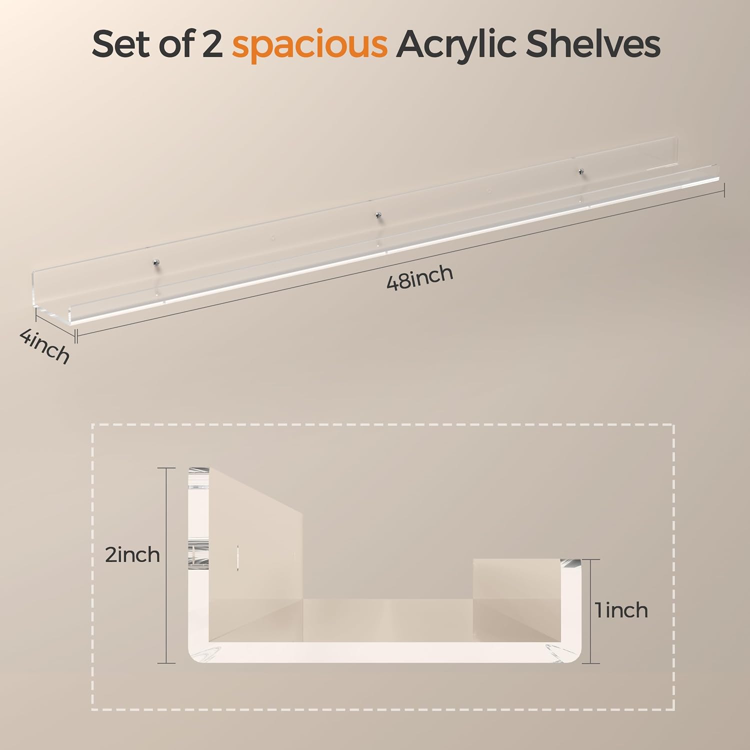 48 Inches Clear Acrylic Floating Shelves Wall, Bookshelf for Kids, Nursery Book Shelves, Magazine Rack, Picture Ledge